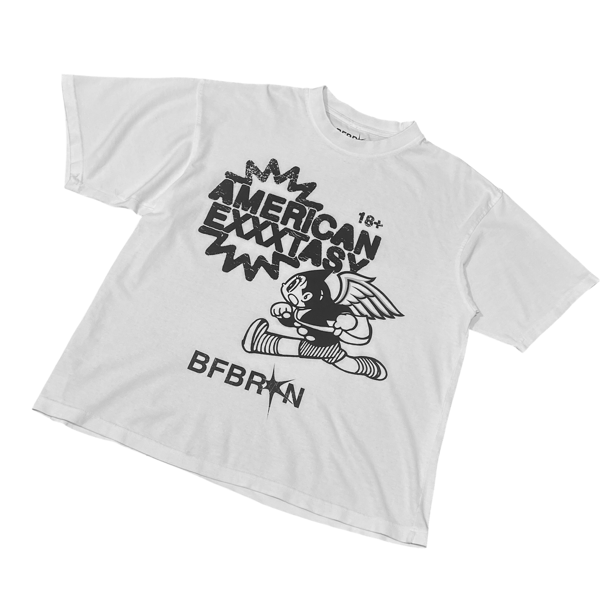 White t-shirt with black graphic design and text on a white background